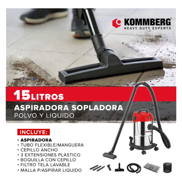 Aspiradora de Tacho 15L Kommberg – Potencia y versatilidad